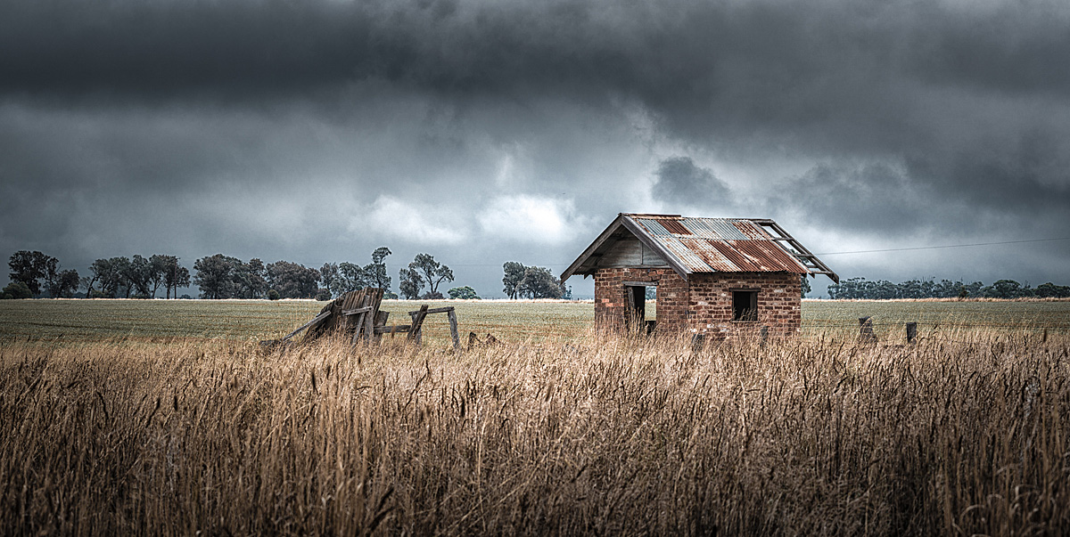 landscape photography, rainy day, late afternoon rain clouds, country scene, wheat paddock, farm shed, Geelong, Victoria, Australia