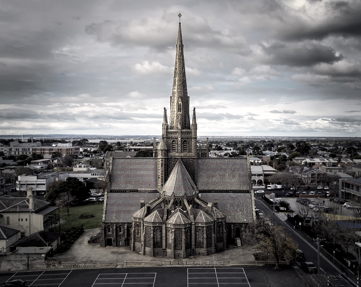 drone photography, street photography, architectural photography, St Mary's Cathederal, Geelong, Victoria, Australia